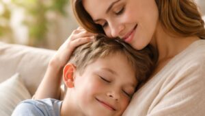 10-year-old boy with his mother sharing a gentle, calm, and loving connection, illustrating child parent cranial osteopathy and family balance