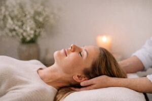 A calm woman lying on a treatment table with eyes closed, receiving gentle cranial osteopathy care. Soft natural lighting, warm and welcoming atmosphere, subtle background elements like white flowers and candle.