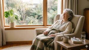 Relaxed senior woman resting by a window, representing nervous system recovery and peace after cranial osteopathy.